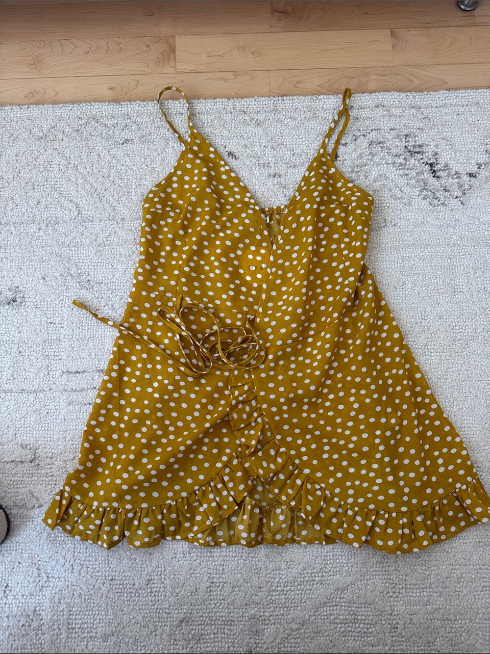 Girls' Yellow Polka Dot Ruffle Sundress with Spaghetti Straps